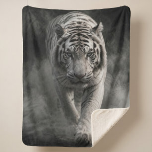 White Tiger Walking Through Smoke Sherpa Blanket