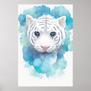 White Tiger Wild Animal Nature Watercolor Art  Poster