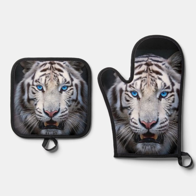 White Tiger with Blue Eyes Oven Mitt & Pot Holder Set (Front)