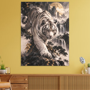 White Tiger with Full Moon and Snowy Mountains Canvas Print