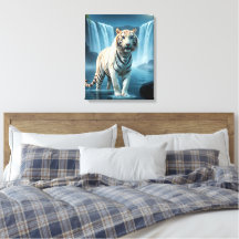 White Tiger With Waterfalls Stretched Canvas Print