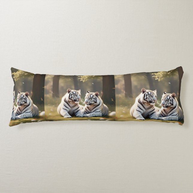 White Tigers in Soft Forest Light – Elegant Body Cushion (Front)