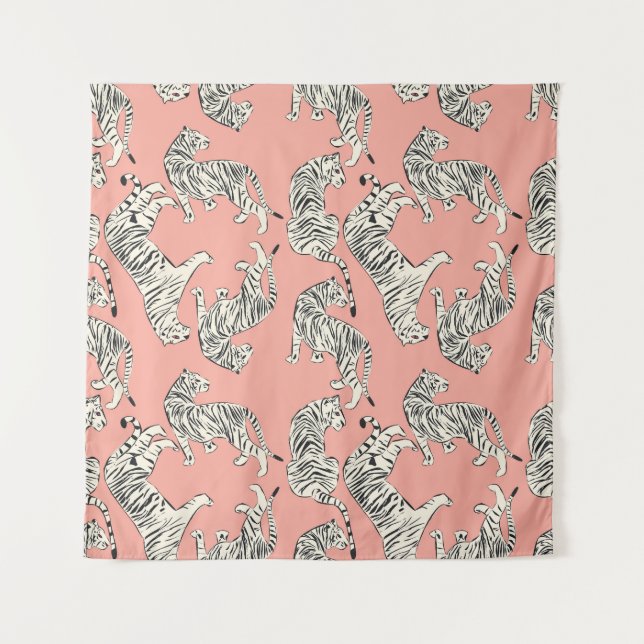 White Tigers: Pink Exotic Pattern Tapestry (Front)