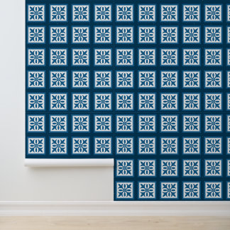 White tiled foliage on navy blue wallpaper