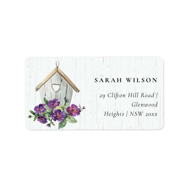 WHITE TIMBER WOOD RUSTIC FLORAL BIRD HOUSE ADDRESS LABEL (Front)