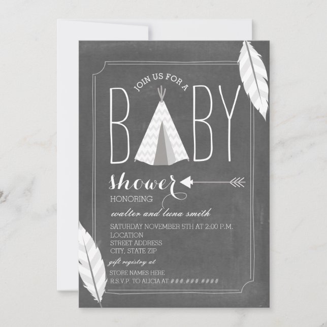 White Tipi + Feathers Baby Shower Invitation (Front)