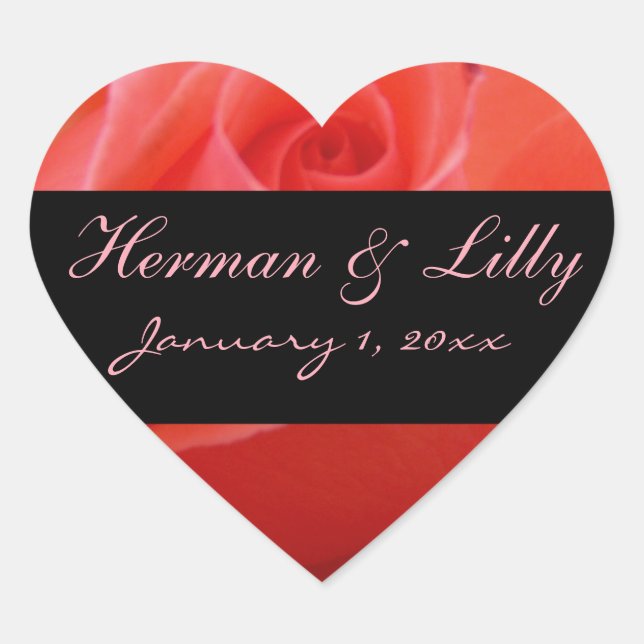 White Tipped Pink Rose Personalised Wedding Heart Sticker (Front)