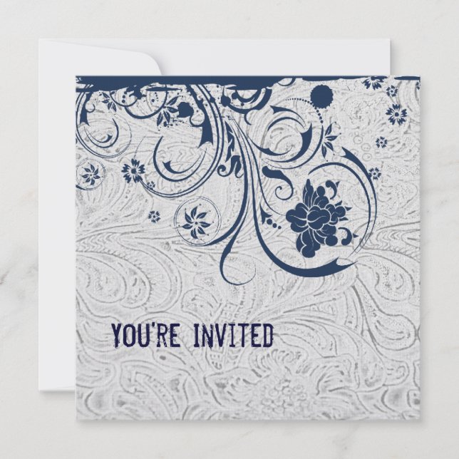 White Tooled Leather and Blue Lace Invitation (Front)