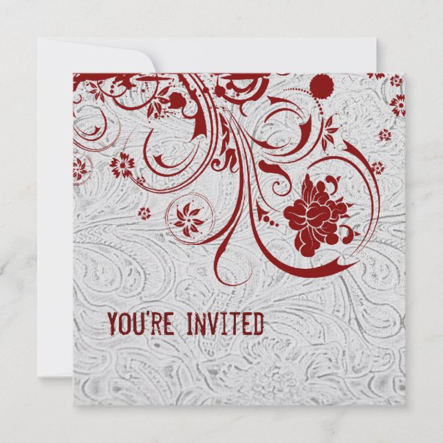 White Tooled Leather and Red Lace Invitation (Front)