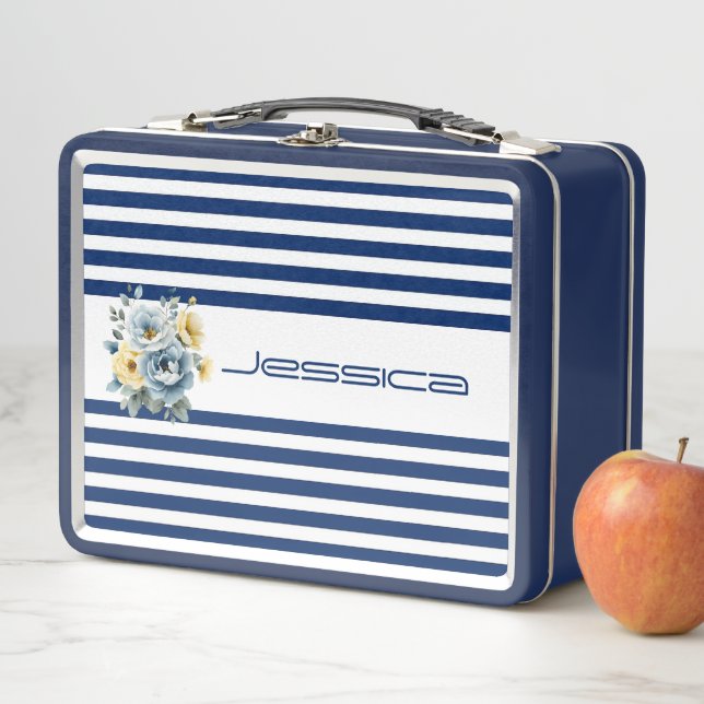White Top with Blue Stripes Floral  Metal Lunch Box (In Situ)