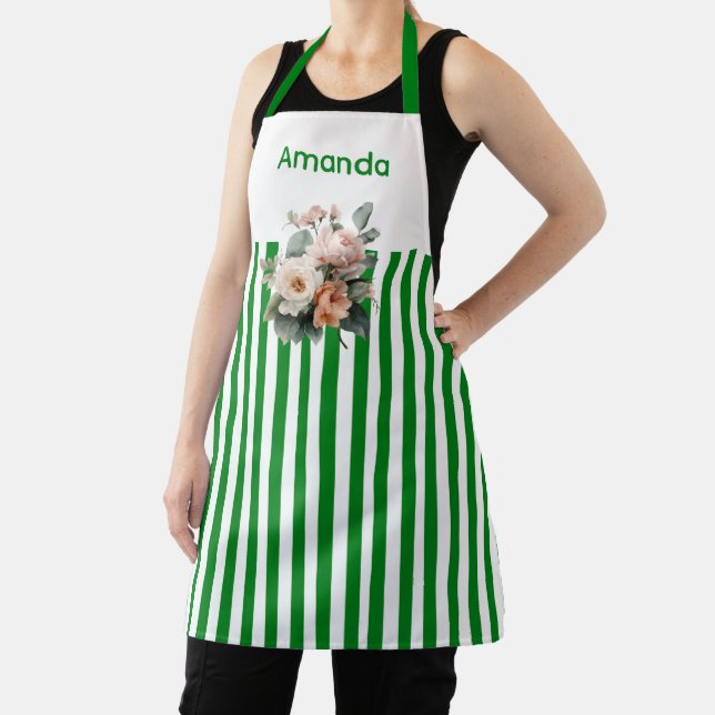White Top with Green Stripes Floral  Apron (Insitu)