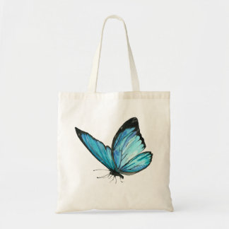 White Tote Bag with Blue Butterfly & Blue Flowe