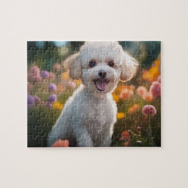 White Toy Poodle Puppy in Flowery Field Jigsaw Puzzle (Horizontal)