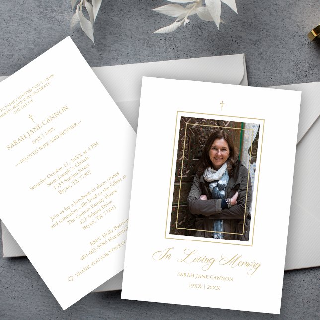 White Traditional & Elegant Golden Photo Funeral Card (Creator Uploaded)