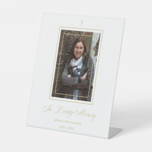 White Traditional & Elegant Golden Photo Funeral Pedestal Sign
