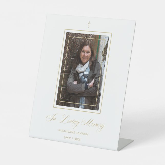 White Traditional & Elegant Golden Photo Funeral Pedestal Sign (Front)
