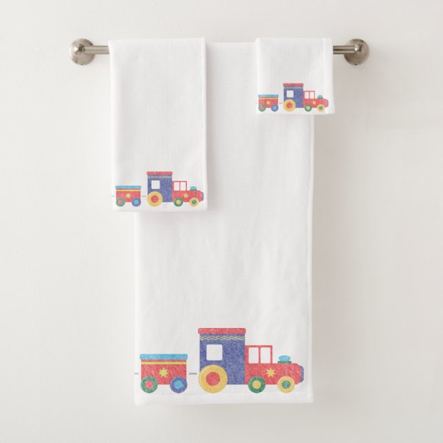 WHITE TRAIN CHALKBOARD BATHROOM TOWEL SET (Insitu)