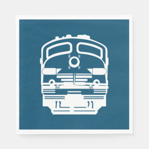 White Train Engine Profile on Blue Background Napkin