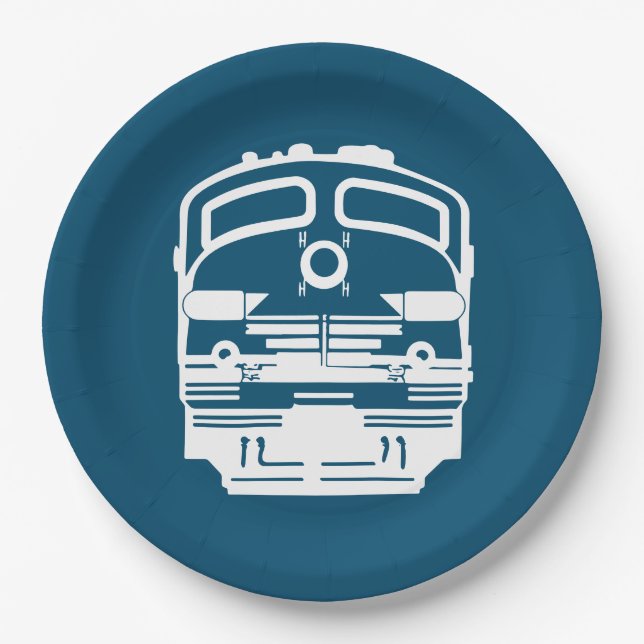 White Train Engine Profile on Blue Background Paper Plate (Front)