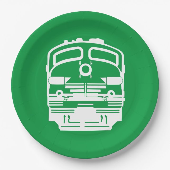 White Train Engine Profile on Green Background Paper Plate (Front)