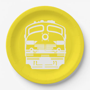 White Train Engine Profile on Yellow Background Paper Plate