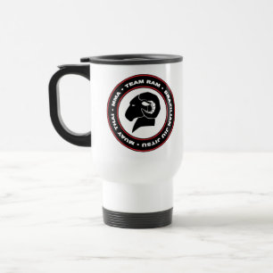 White Travel Mug, Black and Red RAM Logo Mug