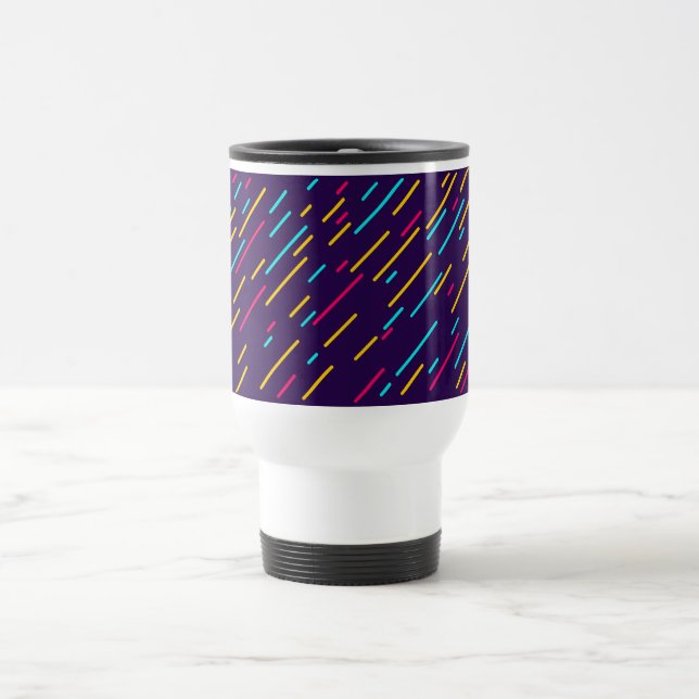 White travel mug with purple design. (Center)