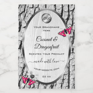 White Tree Bark Pink Butterfly Product Labels Logo