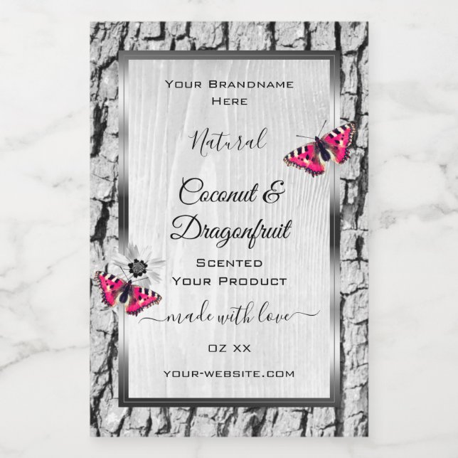 White Tree Bark with Pink Butterfly Product Labels (Single Label)