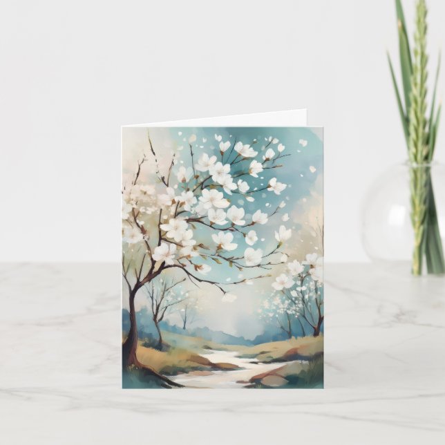 White Tree Blossoms in a Serene Spring Scenic Note Card (Front)