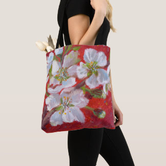 White Tree Blossoms on Red Background Tote