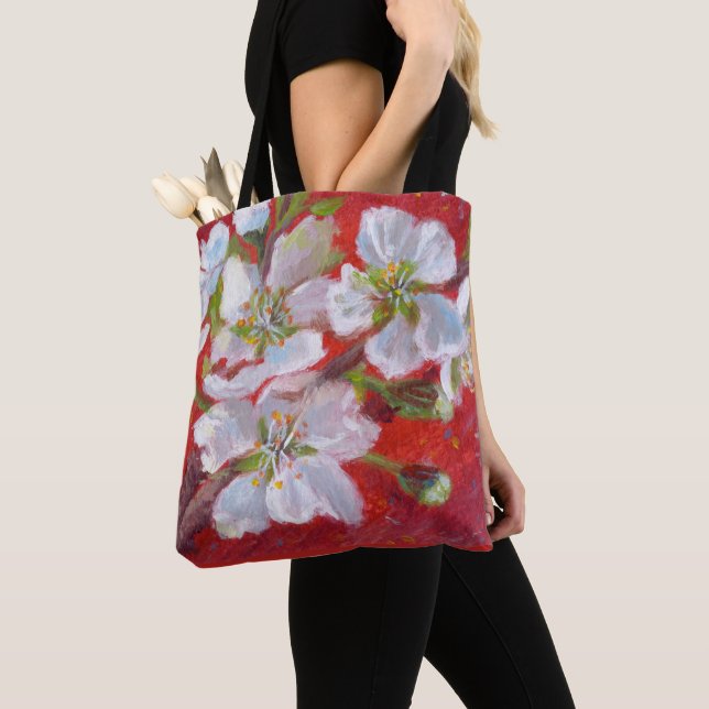 White Tree Blossoms on Red Background Tote (Close Up)