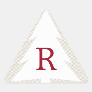 White Tree on Beige, Burgundy Monogram Christmas Triangle Sticker