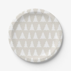 White Tree Pattern Faux Beige Canvas Holiday Party Paper Plate
