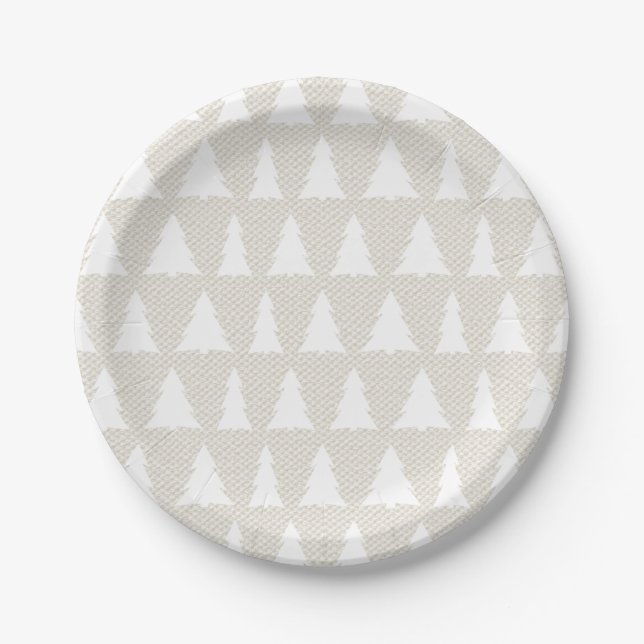 White Tree Pattern Faux Beige Canvas Holiday Party Paper Plate (Front)