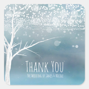White Tree Winter Blue Elegant Wedding Favour Square Sticker