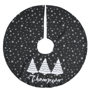 White Trees on Black Brushed Polyester Tree Skirt