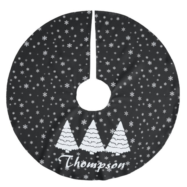 White Trees on Black Brushed Polyester Tree Skirt (Front)