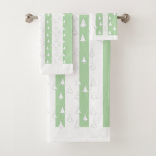 White Trees + Pastel Green  Stripes  Bath Towel Set