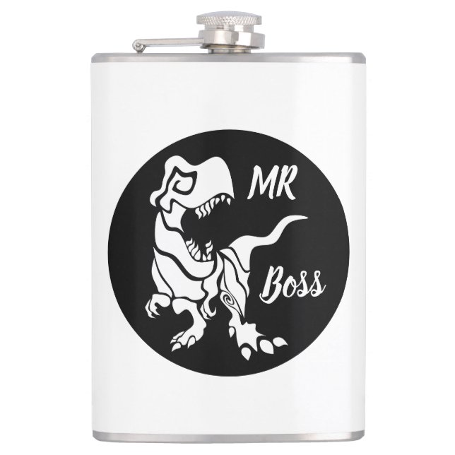 White Trex the Boss Dino Hip Flask (Front)