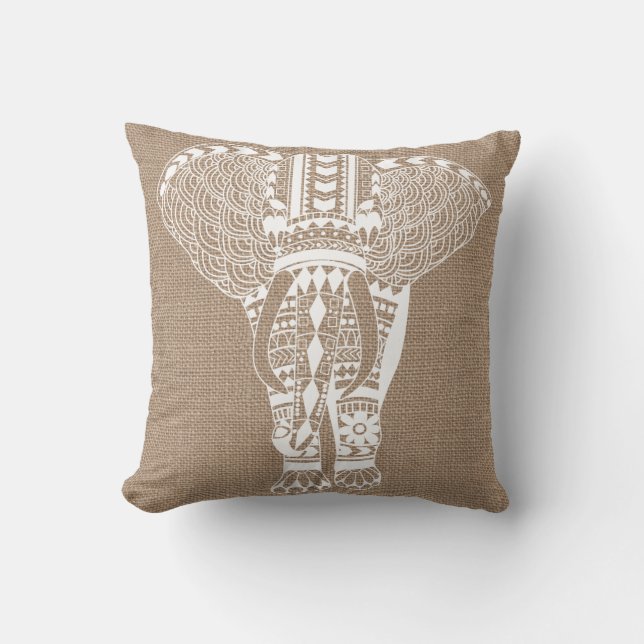 White Tribal Elephant FAUX Burlap Cushion (Front)