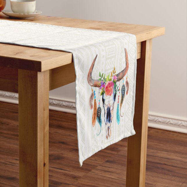 White Tribal Pattern Bull Skull Short Table Runner (In Situ)