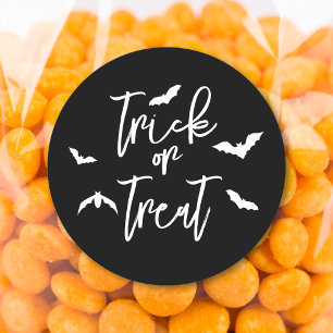 White Trick Or Treat Text And Bats Halloween Black Classic Round Sticker