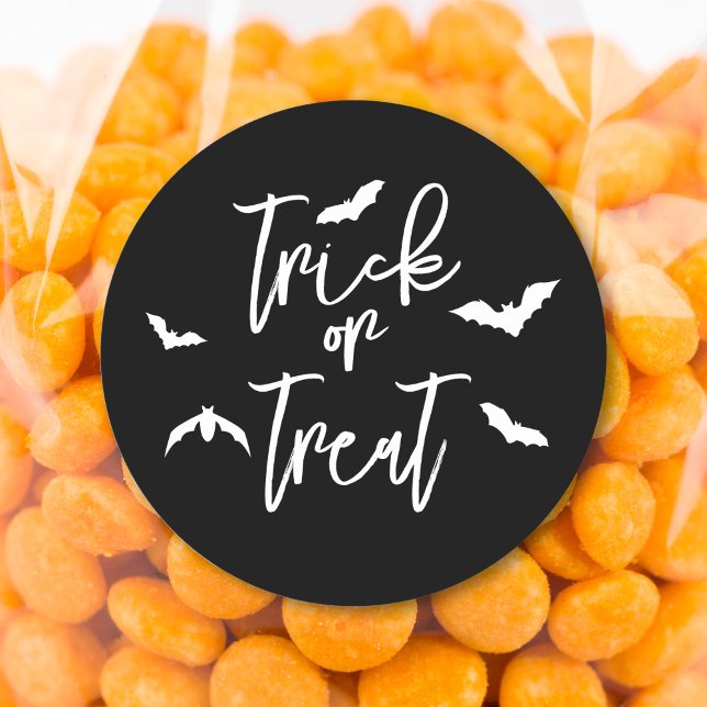 White Trick Or Treat Text And Bats Halloween Black Classic Round Sticker (Creator Uploaded)