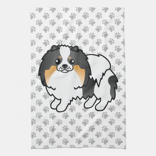 White Tricolor Pomeranian Cute Cartoon Dog & Paws Tea Towel (Vertical)