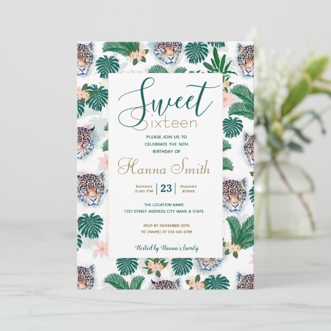 White Tropical Floral Foliage and Leopard Faces Invitation (Standing Front)
