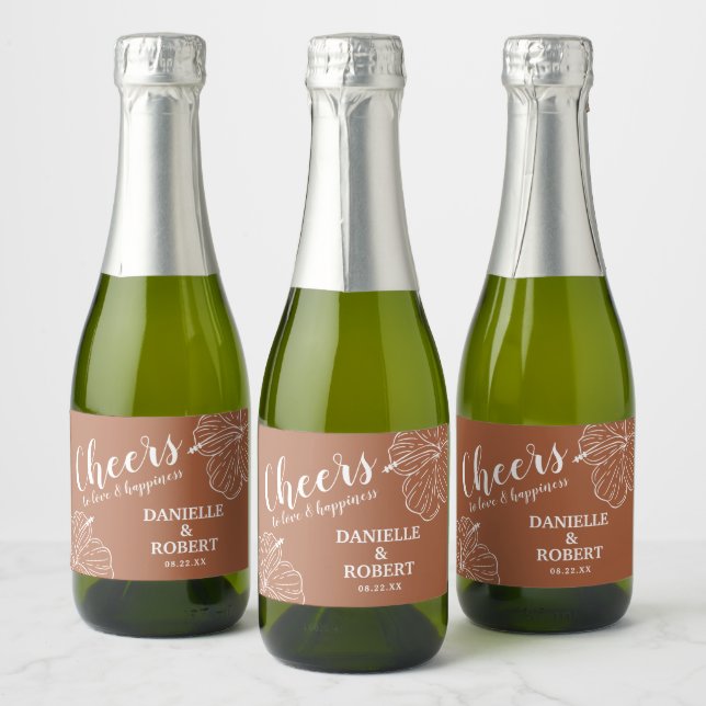 White Tropical Floral Hibiscus on Terracotta Mini Sparkling Wine Label (Bottles)