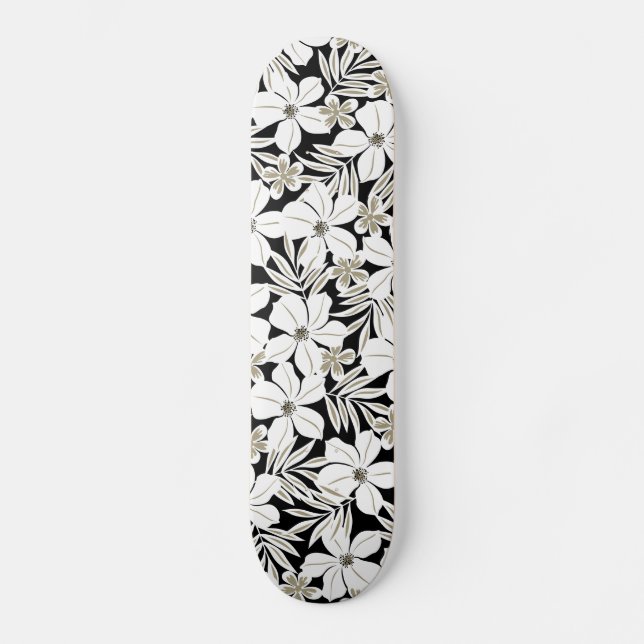 White tropical flowers on black skateboard (Front)