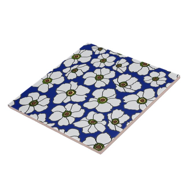 White Tropical Flowers On Blue  Tile (Side)