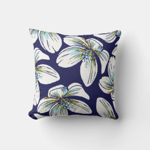 White tropical flowers pattern aqua, gold foil outdoor cushion